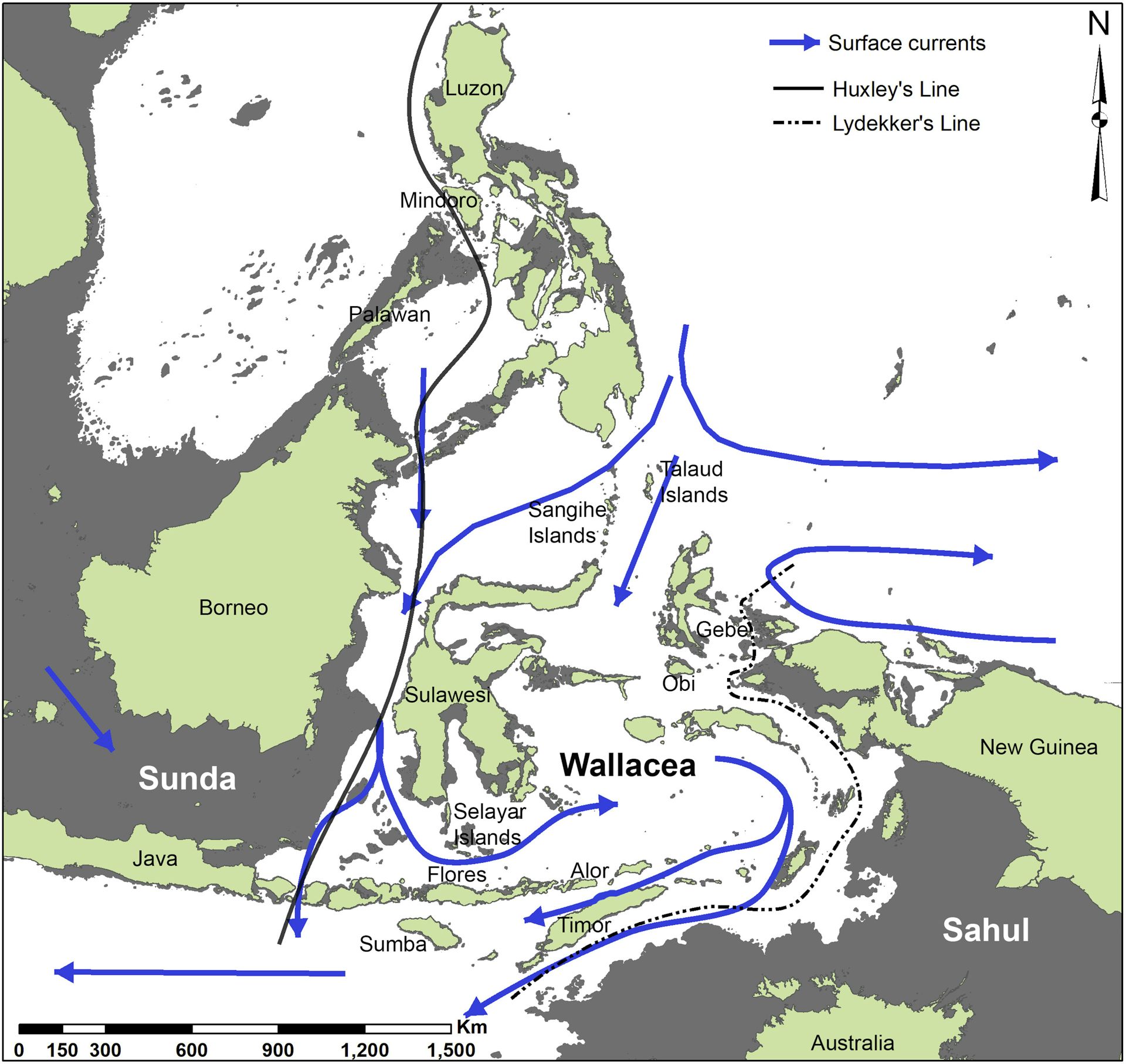 Map of alternate routs to Australia across the ancient land masses of Sunda and Sahul