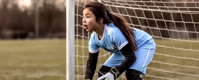 Girl Soccer Goalie Awaits Ball