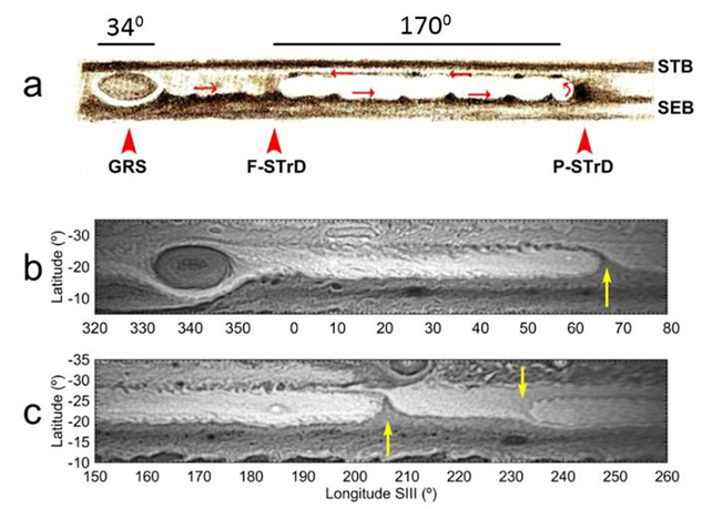 three panoramic images of storms on jupiter