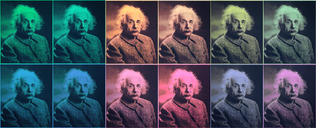 multiple images of albert einstein in different hues