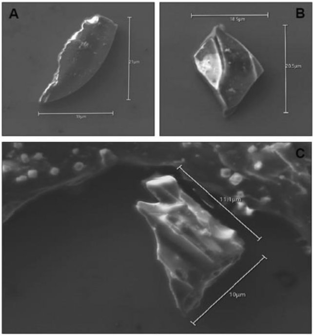 Panel of three black-and-white images showing microscopic glass shards.